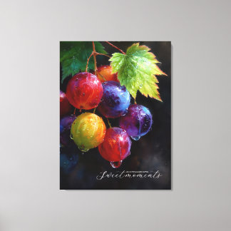 Vibrant Watercolor Grapes and Dew Drops Canvas Print
