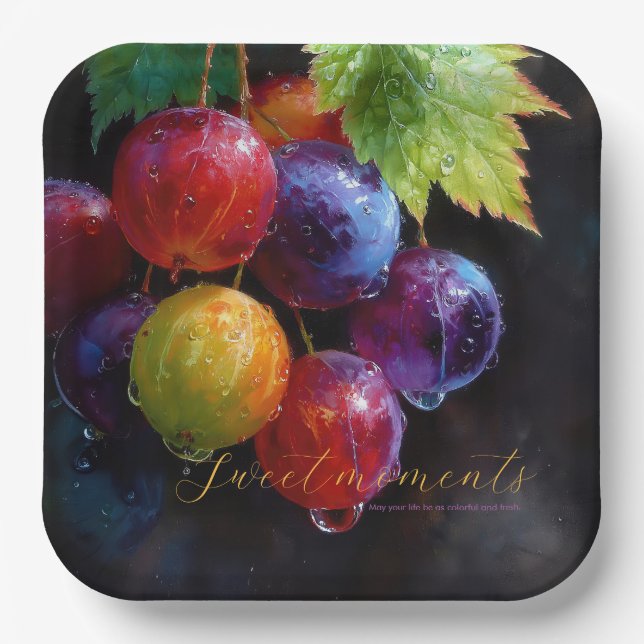 Vibrant Watercolor Grapes and Dew Drops Paper Plate (Front)
