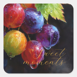 Vibrant Watercolor Grapes and Dew Drops Square Sticker