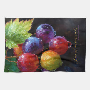 Vibrant Watercolor Grapes and Dew Drops Tea Towel