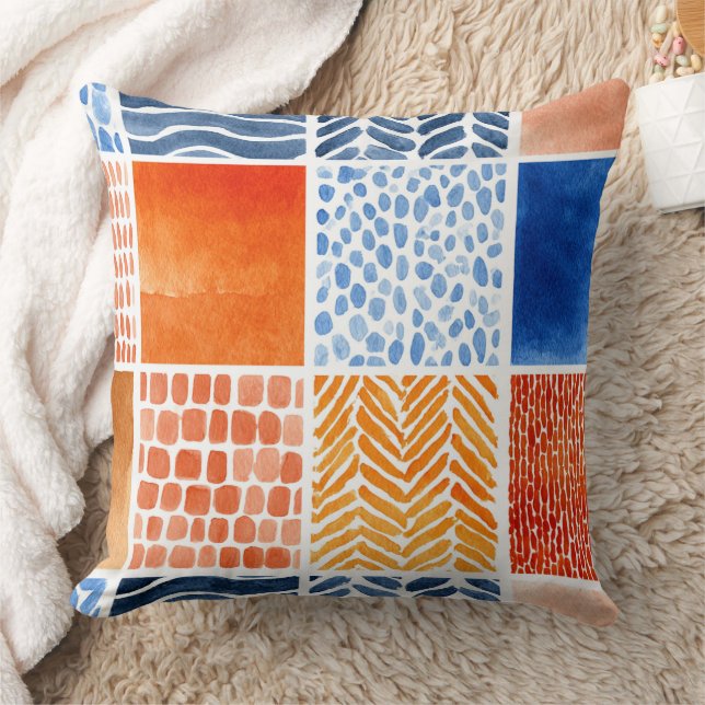 Vibrant Watercolor Grid Pattern in Blue & Orange Cushion (Blanket)