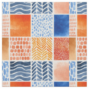 Vibrant Watercolor Grid Pattern in Blue & Orange Fabric