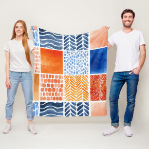 Vibrant Watercolor Grid Pattern in Blue & Orange Fleece Blanket