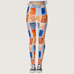Vibrant Watercolor Grid Pattern in Blue & Orange Leggings