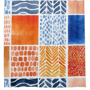 Vibrant Watercolor Grid Pattern in Blue & Orange Shower Curtain