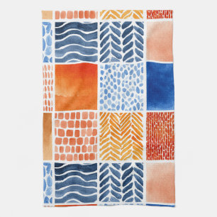 Vibrant Watercolor Grid Pattern in Blue & Orange Tea Towel