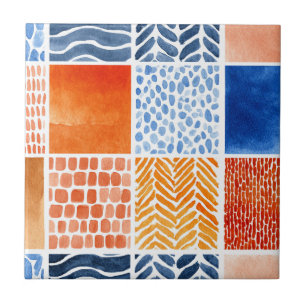 Vibrant Watercolor Grid Pattern in Blue & Orange Tile