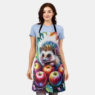 Vibrant Watercolor Hedgehog with Autumn Apples Apron