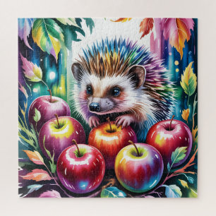 Vibrant Watercolor Hedgehog with Autumn Apples Jigsaw Puzzle