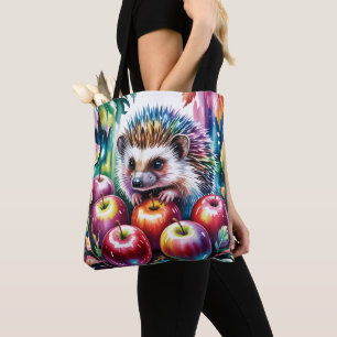 Vibrant Watercolor Hedgehog with Autumn Apples Tote Bag
