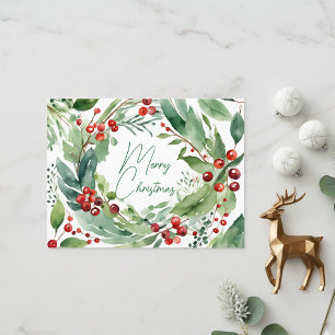 Vibrant Watercolor Holly Berry Wreath Christmas Holiday Postcard