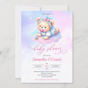 Vibrant watercolor hot pink purple baby bear girl invitation