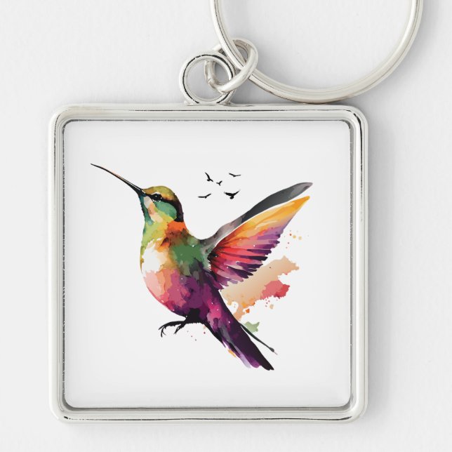 Vibrant Watercolor Hummingbird Illustration Key Ring (Front)