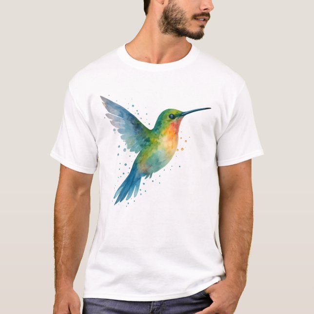 Vibrant Watercolor Hummingbird in Flight T-Shirt (Front)