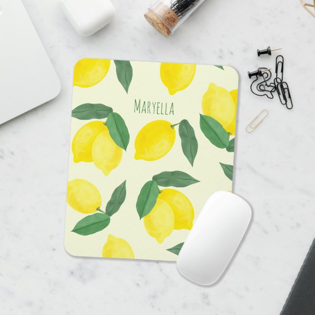 Vibrant Watercolor Lemons Hand-drawn Yellow Mouse Mat (Watercolor lemon custom name mediterranean citrus mouse pad)