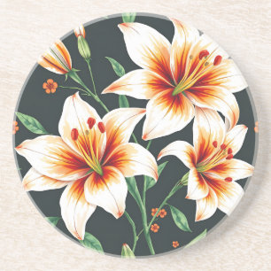 Vibrant Watercolor Lilies Pattern in White Coaster