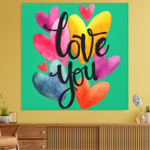 Vibrant Watercolor Love: Hand-Lettered "Love You" Canvas Print
