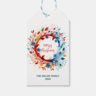 Vibrant Watercolor Merry Christmas Wreath  Gift Tags
