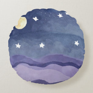 Vibrant Watercolor Moon Star Shining Round Pillow