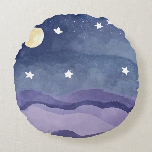 Vibrant Watercolor Moon Star Shining  Round Pillow (Front)