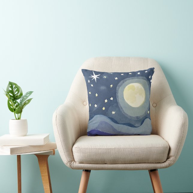 Vibrant Watercolor Moon Star Shining Throw Pillow  (Creator Uploaded)