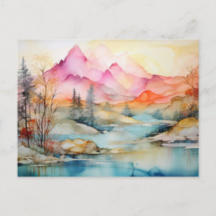 Vibrant Watercolor Mountain Lake Postcard