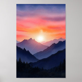 Vibrant Watercolor Mountain Sunset Painting Poster