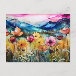 Vibrant Watercolor Mountain Wildflower Postcard 