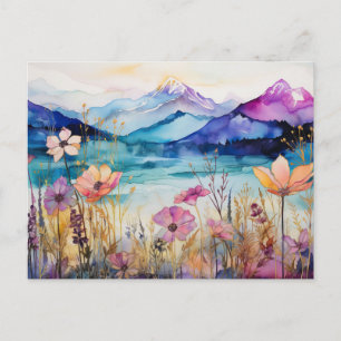 Vibrant Watercolor Mountain Wildflower Postcard 