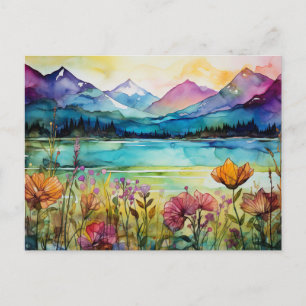 Vibrant Watercolor Mountain Wildflower Postcard 