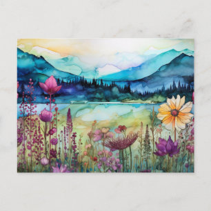 Vibrant Watercolor Mountain Wildflower Postcard 