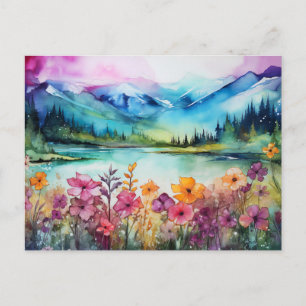 Vibrant Watercolor Mountain Wildflower Postcard 