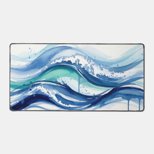 Vibrant Watercolor Ocean Waves Abstract Desk Mat