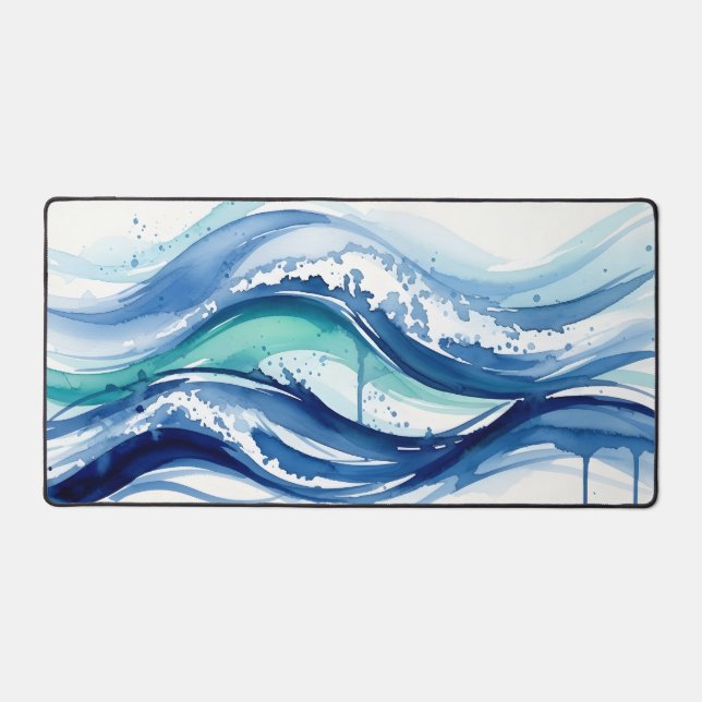 Vibrant Watercolor Ocean Waves Abstract Desk Mat (Front)