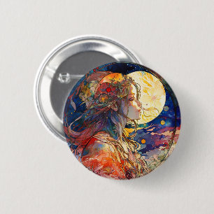 Vibrant Watercolor of Girl and Moon Button