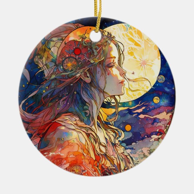 Vibrant Watercolor of Girl and Moon Ornament (Front)