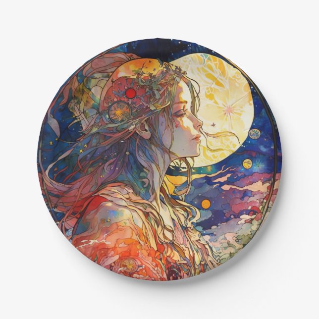 Vibrant Watercolor of Girl and Moon Paper Plate (Front)