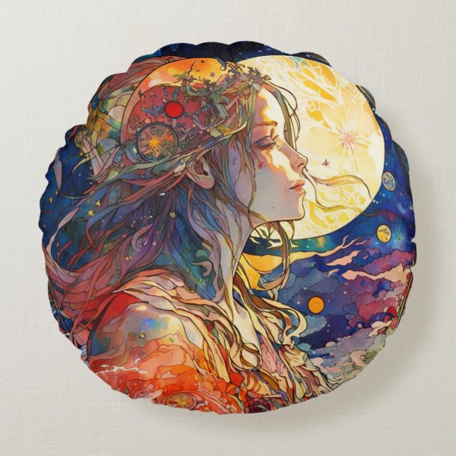 Vibrant Watercolor of Girl and Moon Round Pillow (Front)
