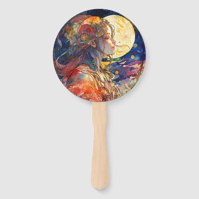 Vibrant Watercolor of Girl and Moon Set of Fans (Back)