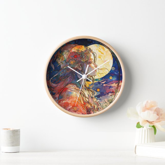 Vibrant Watercolor of Girl and Moon Wall Clock (Home)