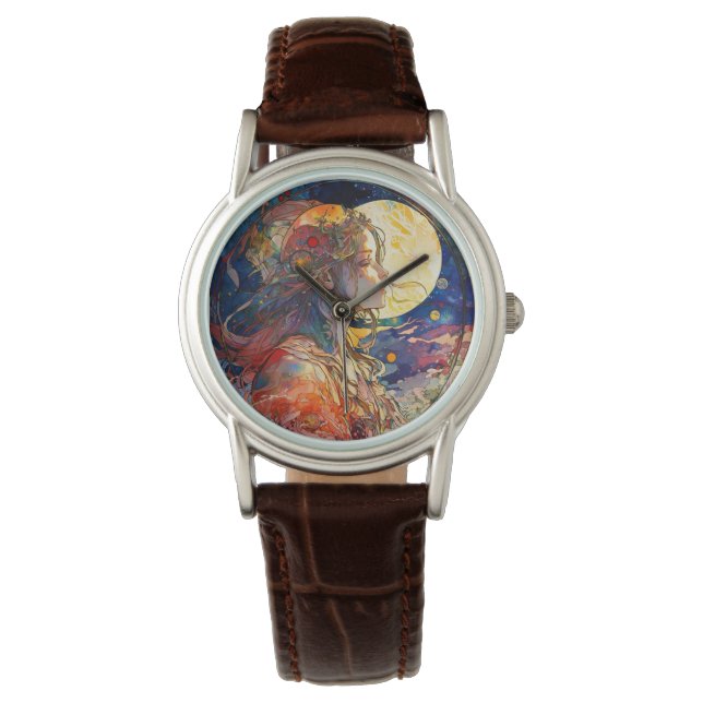 Vibrant Watercolor of Girl and Moon Watch (Front)