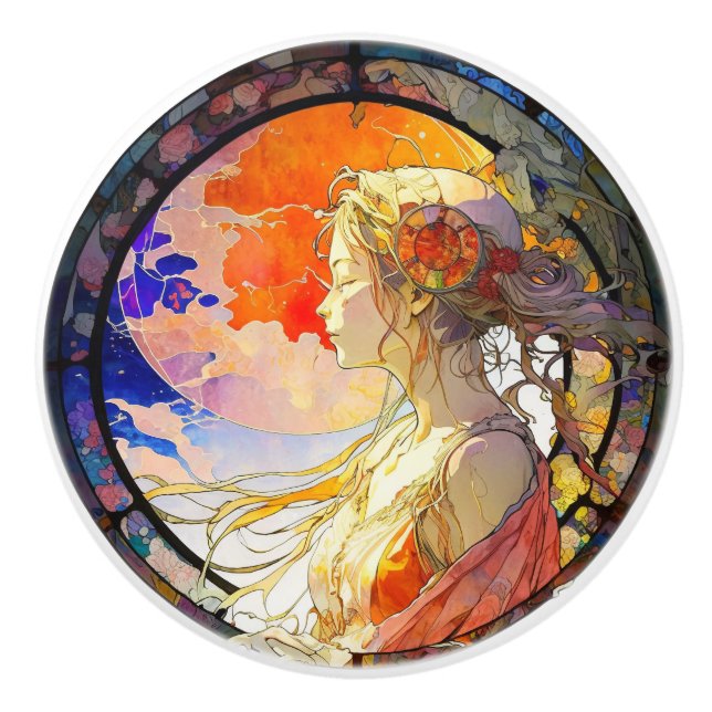 Vibrant Watercolor of Girl Ceramic Knob (Front)