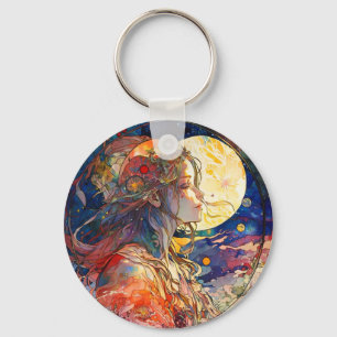 Vibrant Watercolor of Girl & Moon Keychain