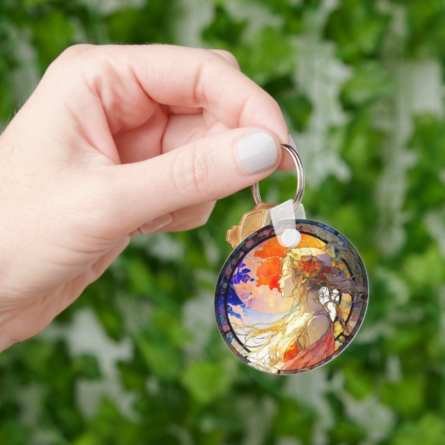 Vibrant Watercolor of Girl Round Keychain (Hand)