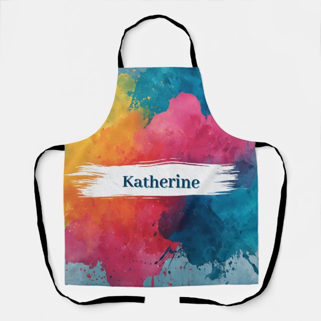 Vibrant Watercolor Paint Splash with Custom Name Apron (Front)