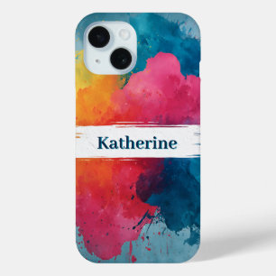 Vibrant Watercolor Paint Splash with Custom Name iPhone 15 Case