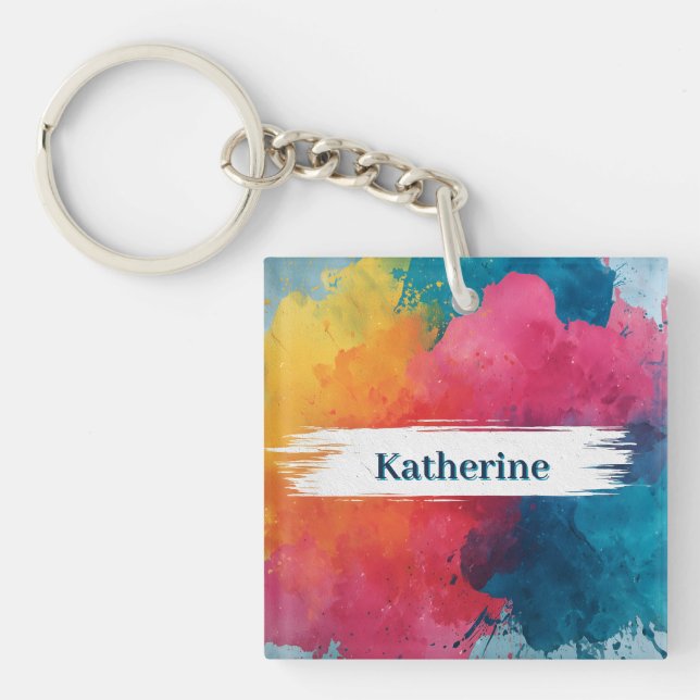 Vibrant Watercolor Paint Splash with Custom Name Key Ring (Front)