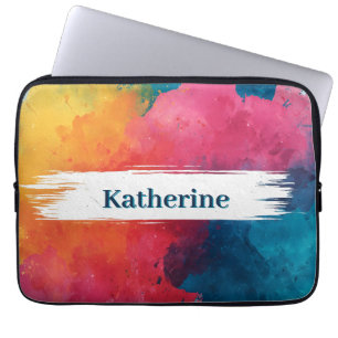 Vibrant Watercolor Paint Splash with Custom Name Laptop Sleeve