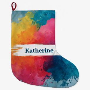 Vibrant Watercolor Paint Splash with Custom Name Large Christmas Stocking