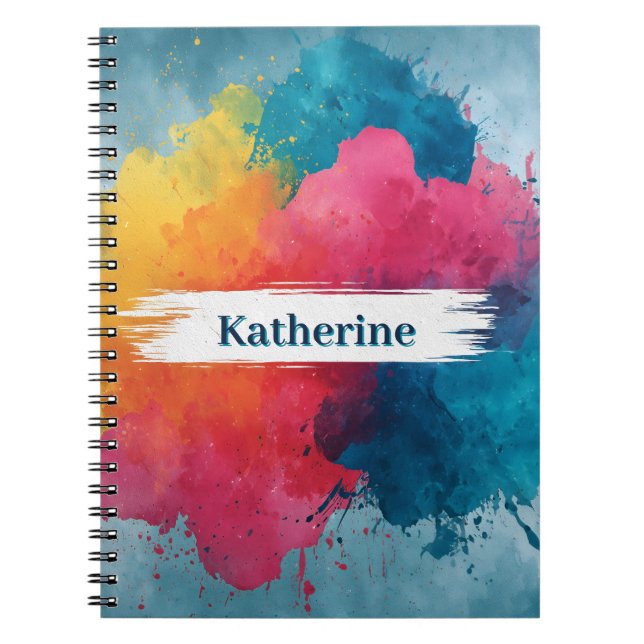 Vibrant Watercolor Paint Splash with Custom Name Notebook (Front)